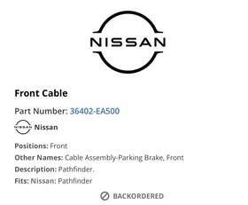 36402-ea500 Nissan 36402ea500 Genuine Front Parking Brake Cable